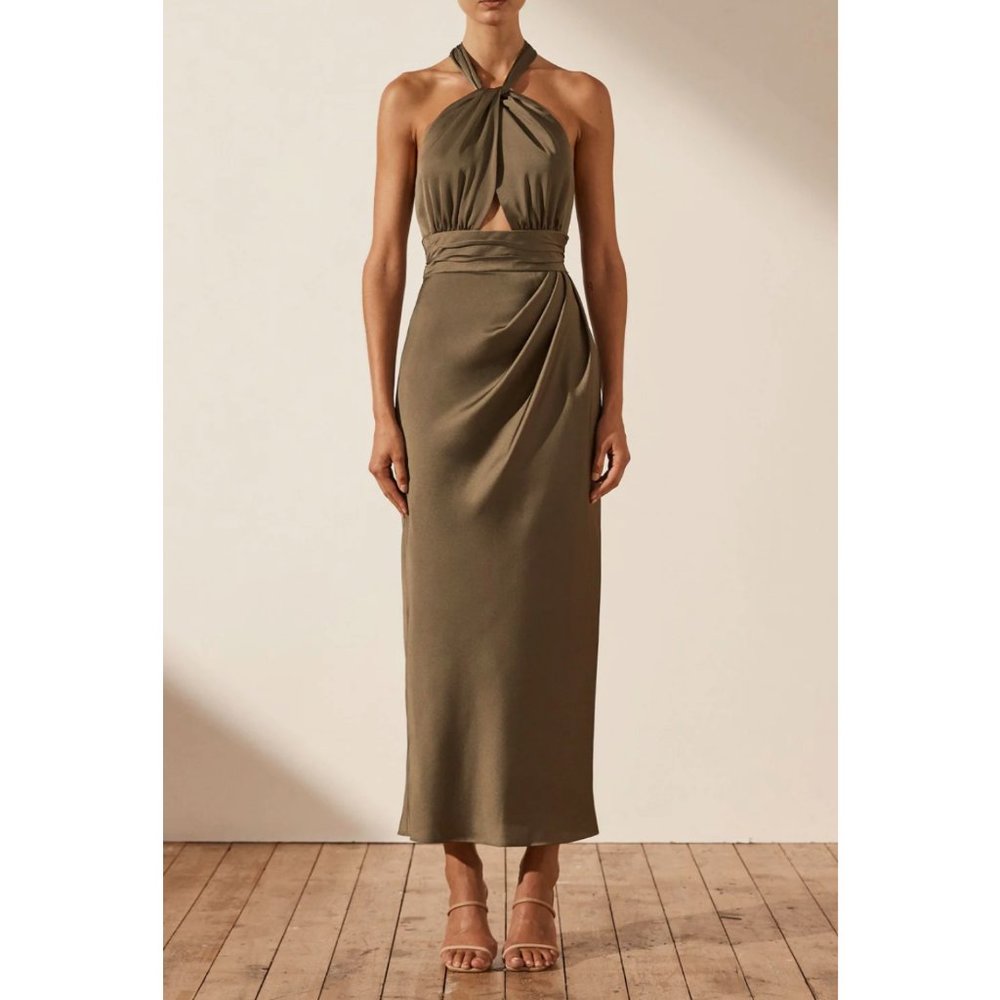 NWT Shona Joy Luxe Gathered Halter Midi Pine